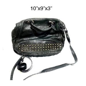 Joelle Hawkins black crossbody body bag with gold colored studs on both …